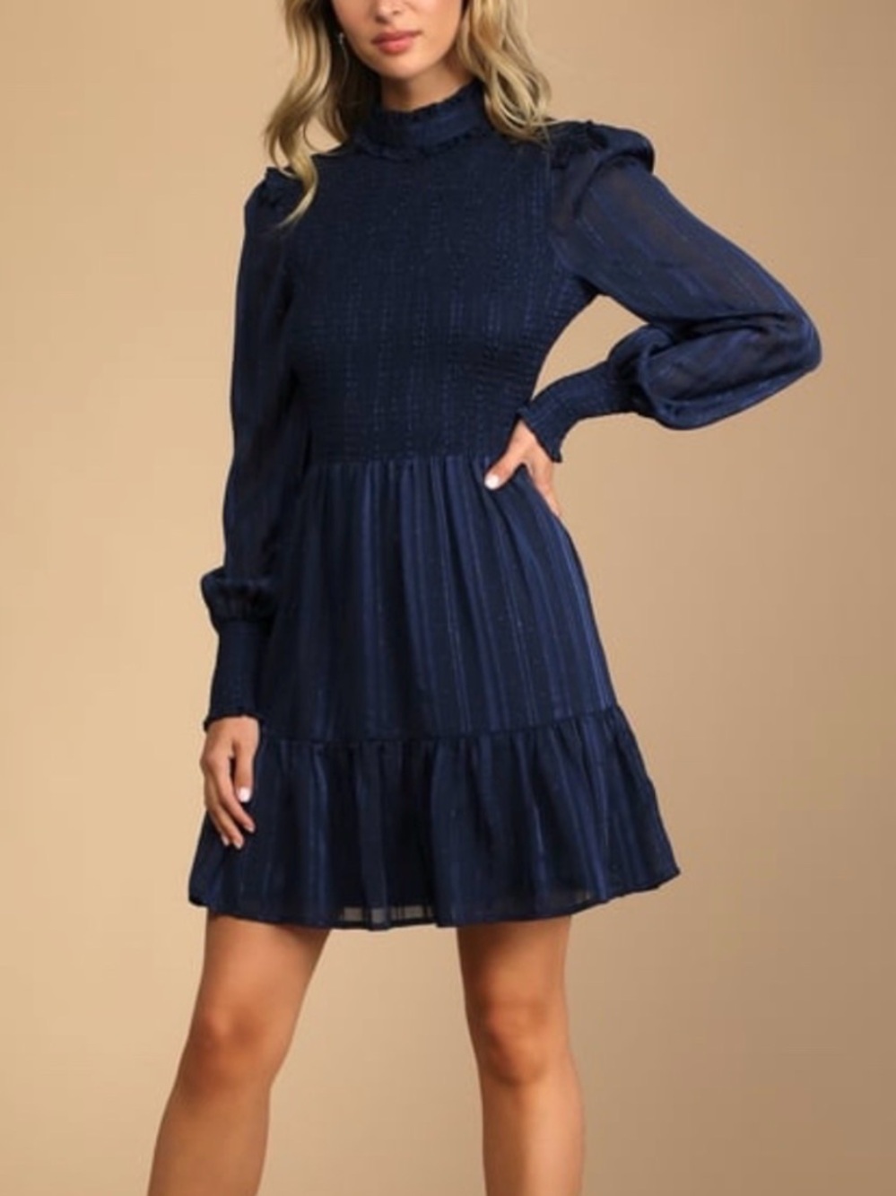 Lulus NWT Small Navy Long-Sleeve Smocked Mini Dress